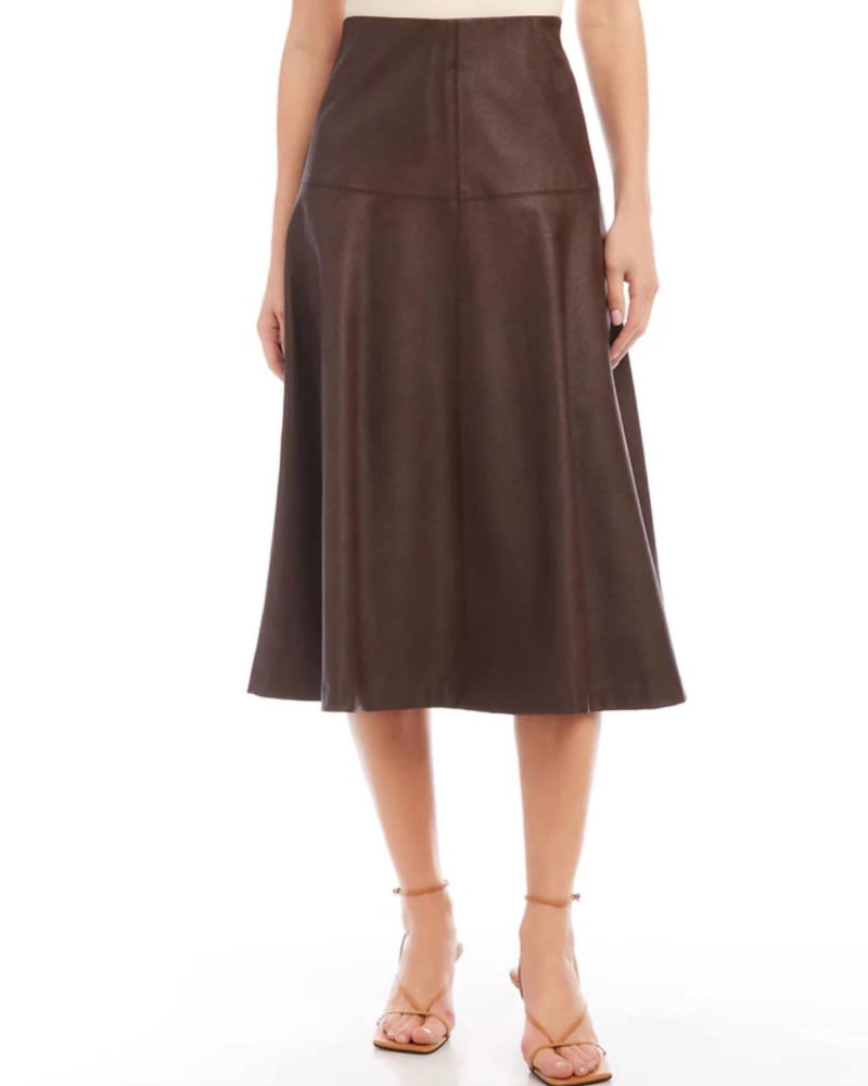 Front of a model wearing a size L Vegan Leather Midi Skirt In Brown in Brown by Karen Kane. | dia_product_style_image_id:357065